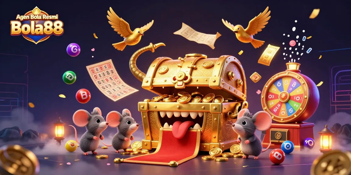 Agen Bola Resmi Bola88 showcases a vibrant gambling scene with animated casino elements, enticing players to engage and win.