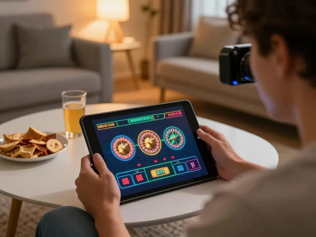 Engaging in live casino gaming on 789win tablet in a cozy home setting