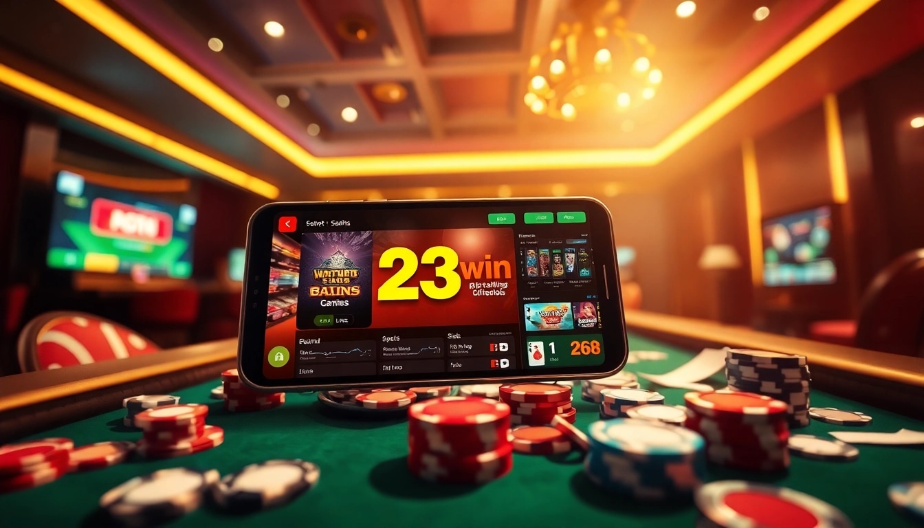 Exciting 23win gambling scene showcasing diverse games and a modern interface on a smartphone.