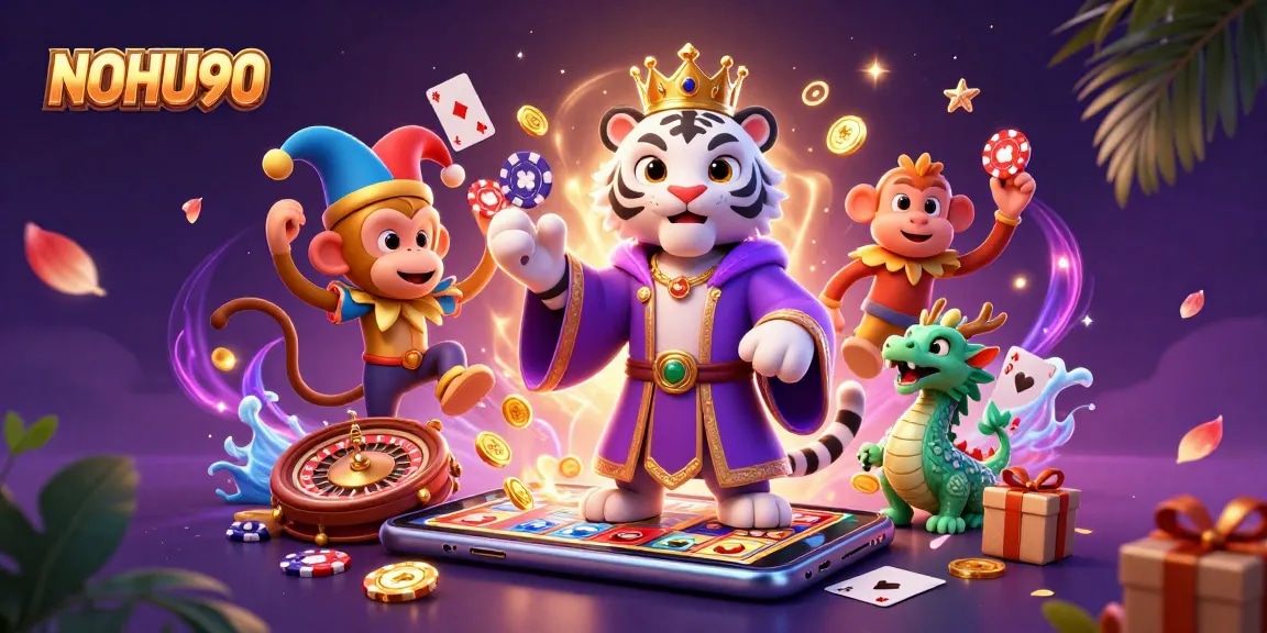 Experience the excitement of NOHU90 with a vibrant casino illustration featuring a white tiger, monkey, and dragon.