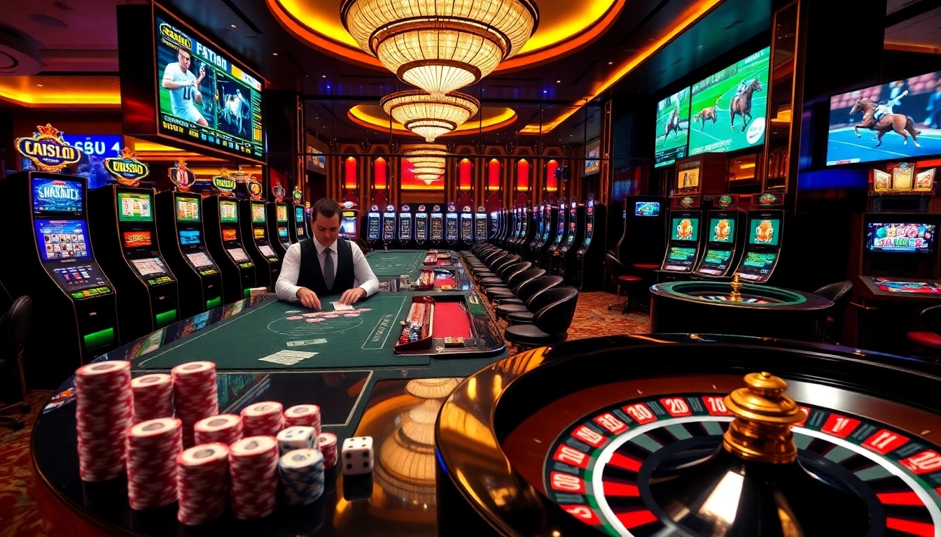 Professional dealers managing casino chips at a Nhà cái uy tín table with vibrant slot machines and roulette wheel