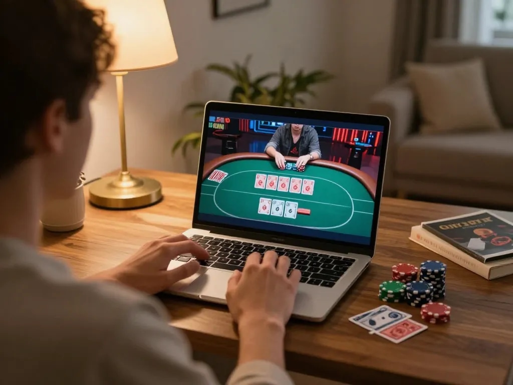 Engaging in online gambling at home, with poker game on screen featuring uu88 platform.