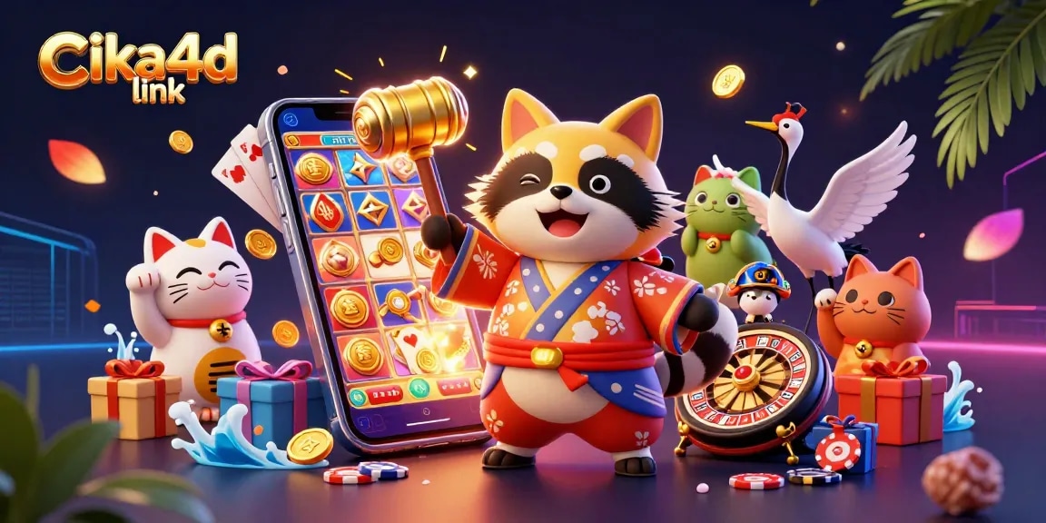 Capture winning moments with the vibrant cika4d link, featuring cheerful gambling characters and dynamic slot game elements.