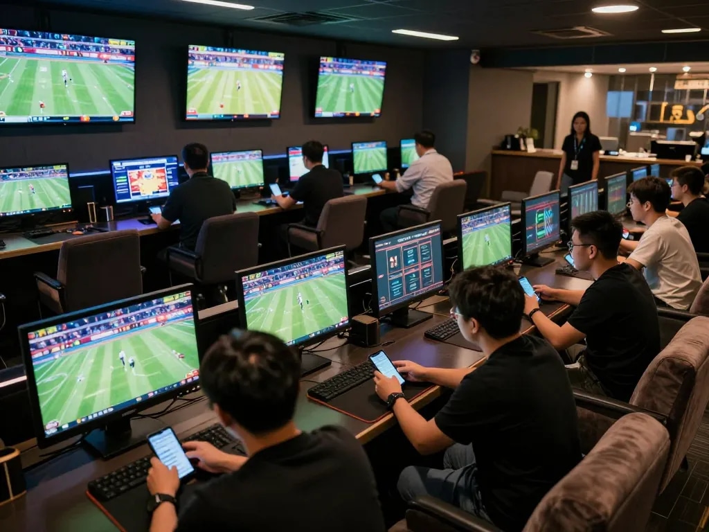 This sports betting lounge at https://rr888.shopping/ features excited bettors engaging with live games on various screens.