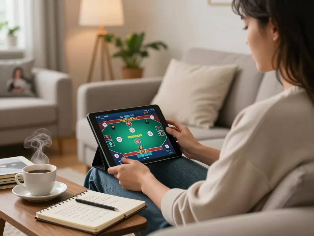 Player enjoying hitclub online poker on a tablet in a cozy living room with strategy notes visible.