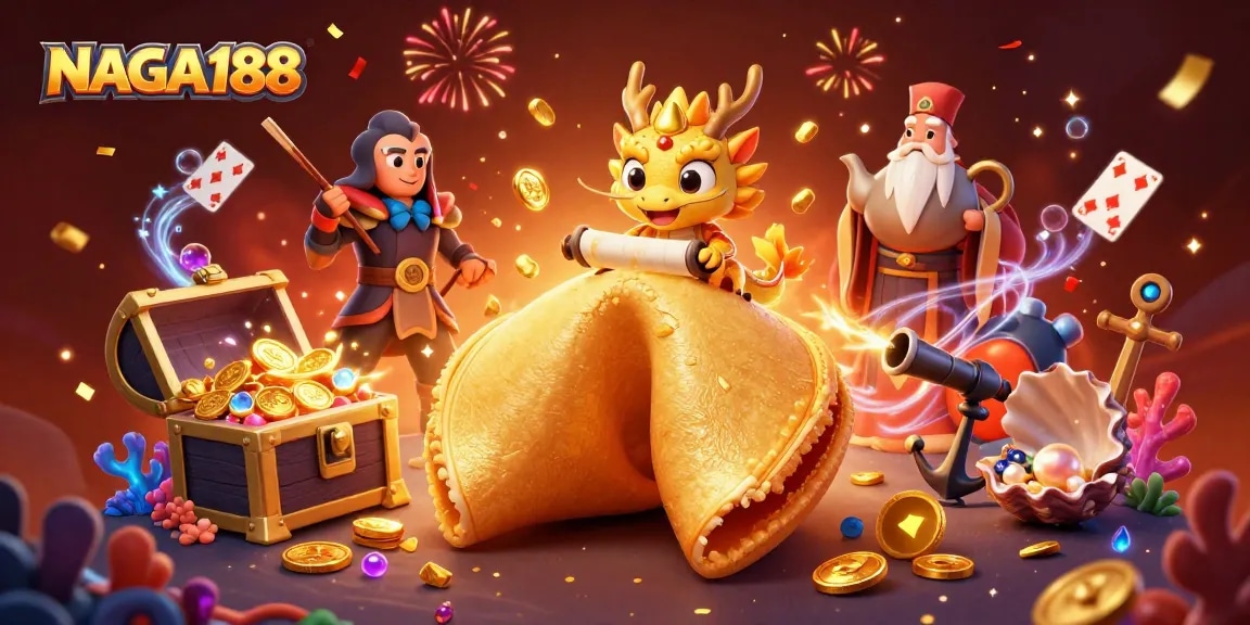 NAGA188 menampilkan ilustrasi 3D kasino dengan karakter ceria dan harta karun berkilau.