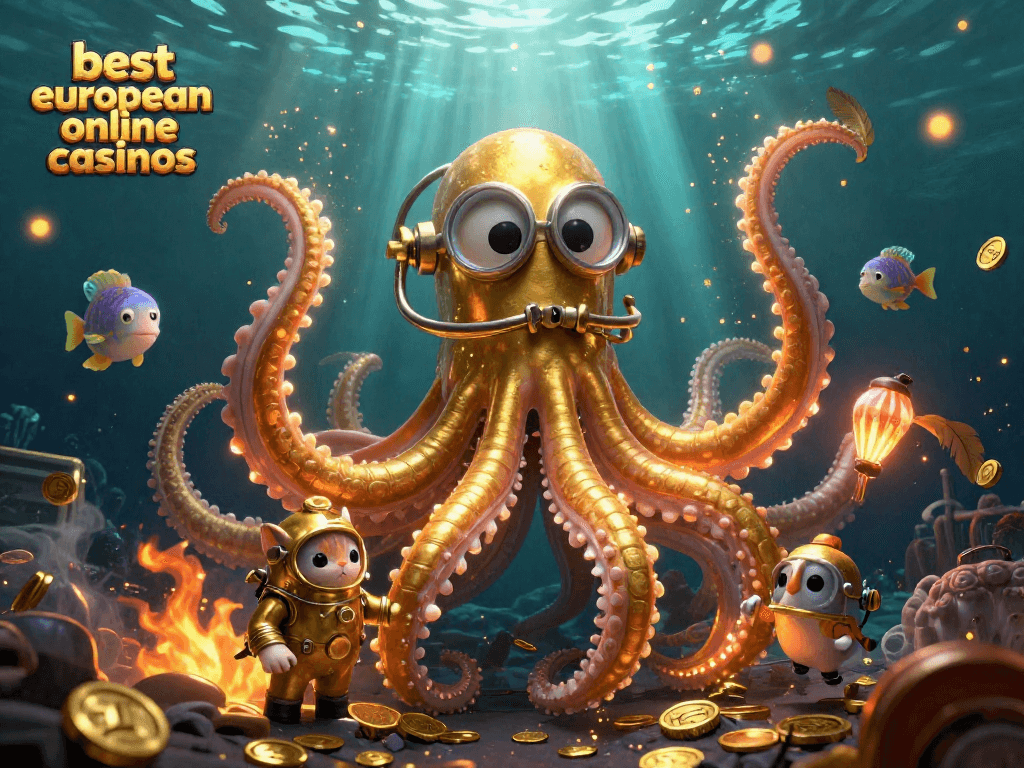 Experience the excitement of the best european online casinos with a dazzling, whimsical underwater scene featuring a kraken and diving cat.