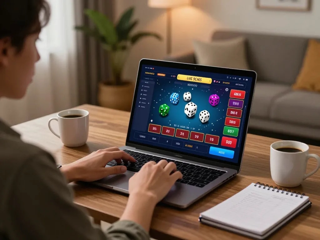 Sicbo gameplay on a laptop in a stylish home setup with engaging live action.