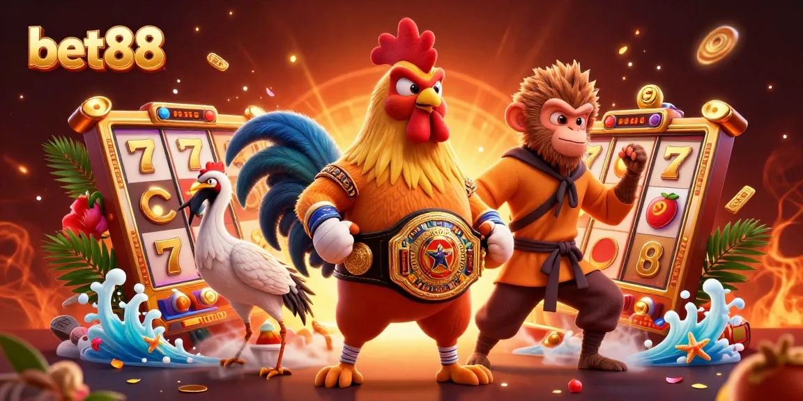 Experience thrilling slots at bet88 with a vibrant, animated illustration of casino characters.