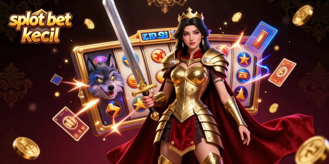 Engage with slot bet kecil action featuring a striking female warrior holding a sword, dynamic slot reels, and coins.