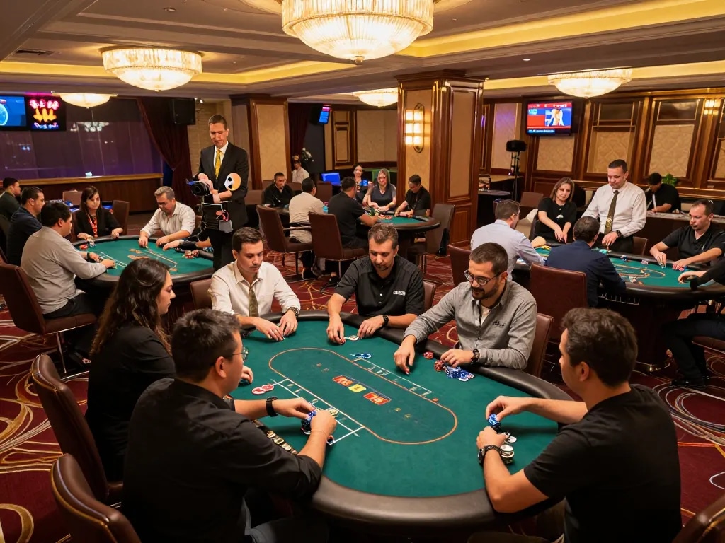 TG88 players engaged in an exciting poker game on an elegant casino floor with professional dealers and warm ambient lighting.