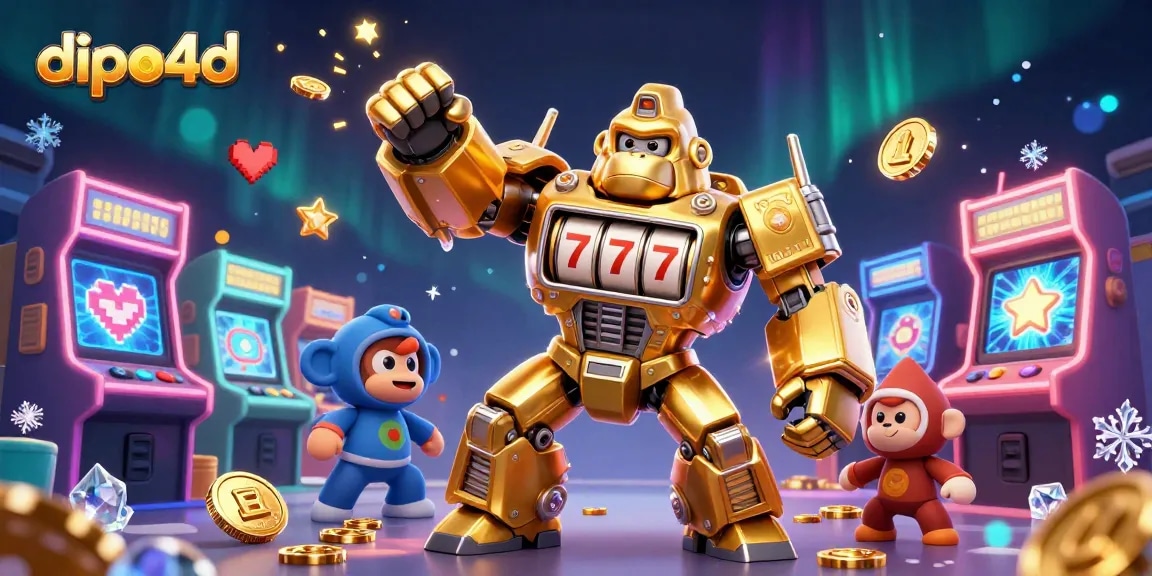 Engage with dipo4d's stunning games featuring a charismatic golden gorilla mech amidst vibrant arcade elements.