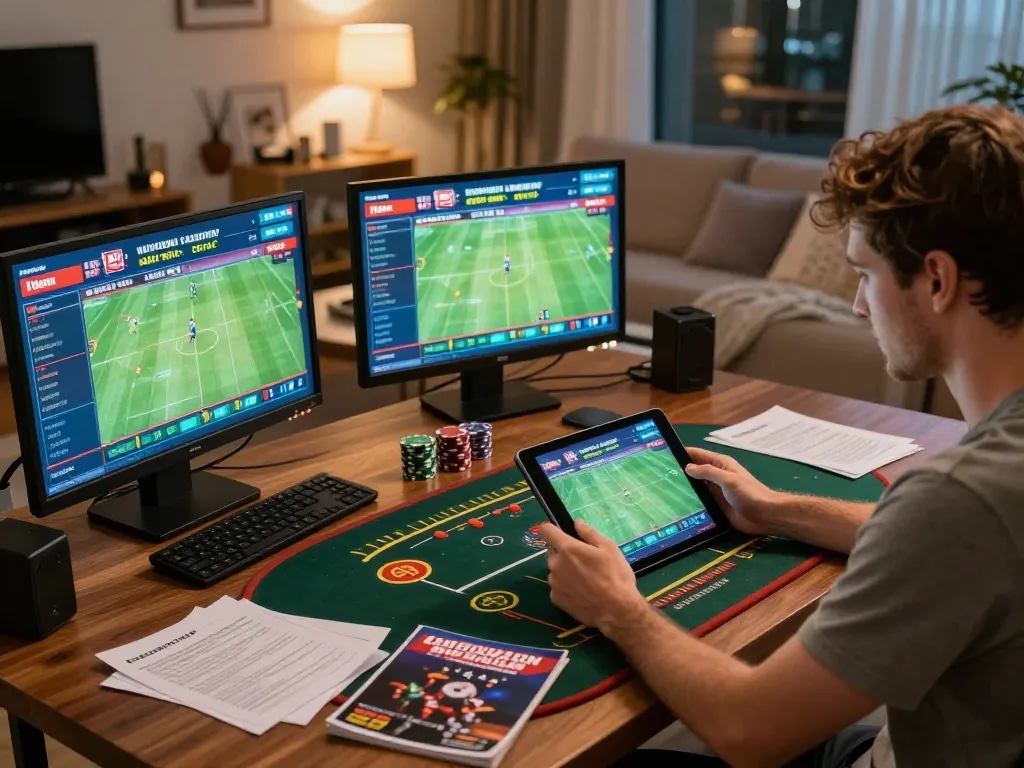 Engaged player using go8 tablet for sports betting with strategic notes and analytics in a cozy living room.