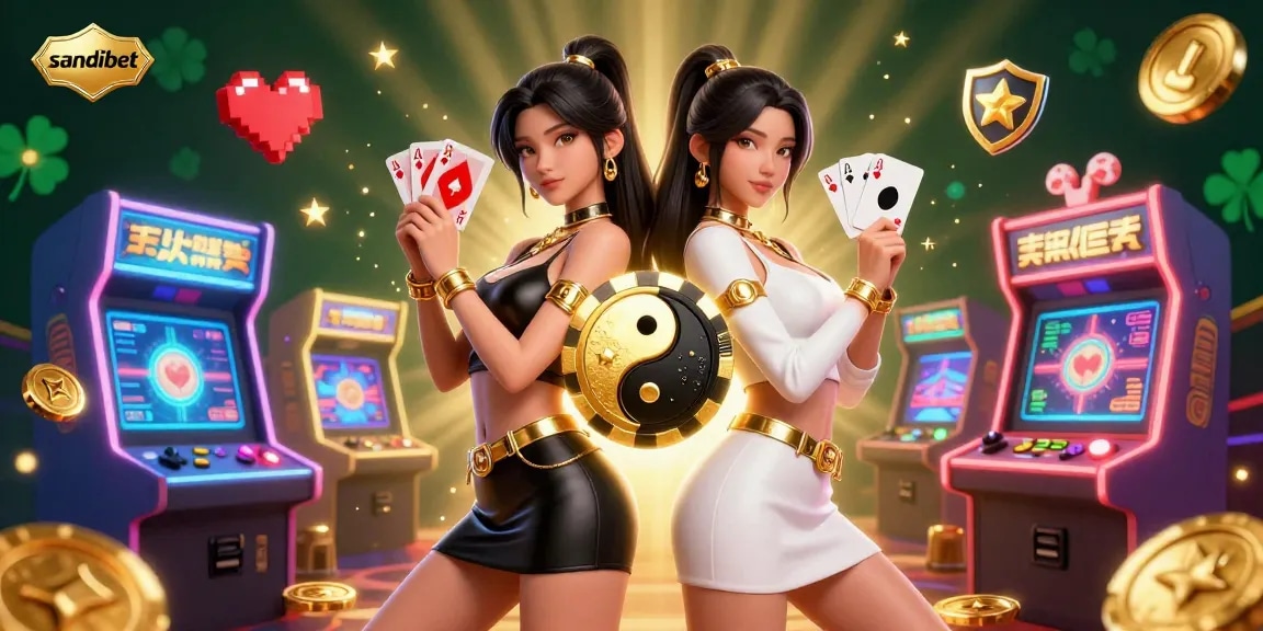 Bergabunglah dengan aksi kemenangan di sandibet dengan wanita Asia menakjubkan yang memegang kartu bermain, dikelilingi oleh elemen permainan yang penuh warna.