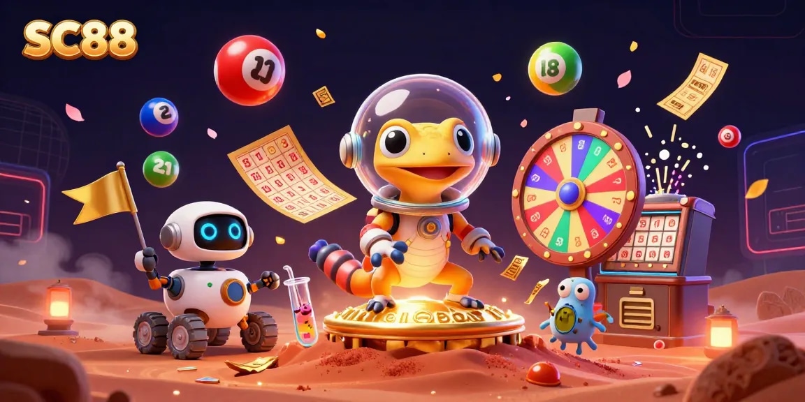 Engage with SC88's vibrant casino adventure featuring a Martian gecko discovering gold.