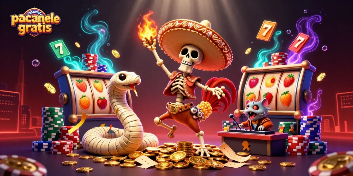 Joacă păcănele casino gratis cu personaje animate pe o masă plină de monede aurii.