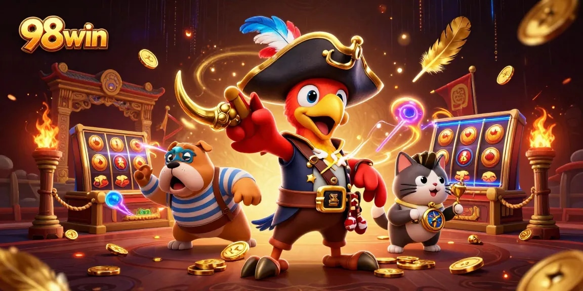 Engage in thrilling gameplay with 98win's vibrant, atmospheric casino scene featuring iconic characters.