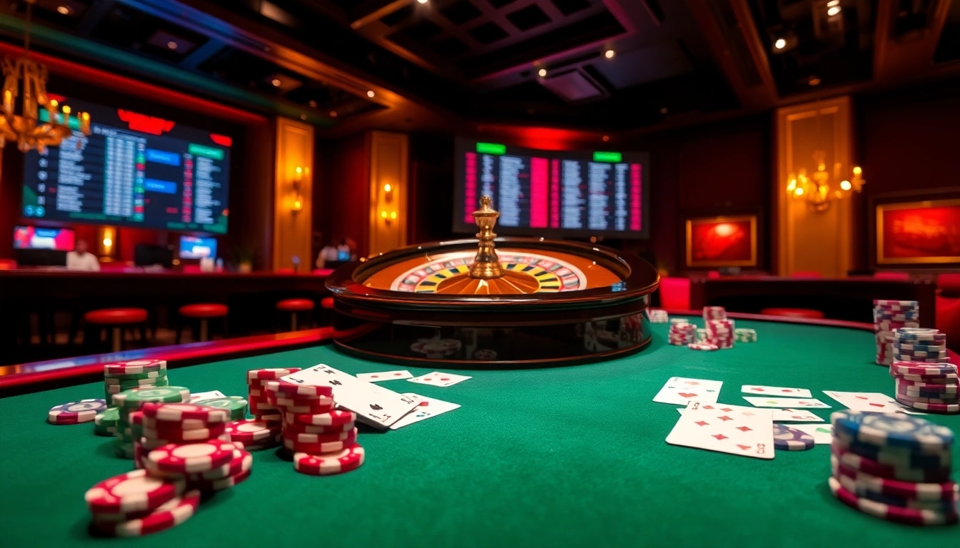 Exciting casino atmosphere with keo nha cai elements, featuring roulette, poker chips, and live betting updates.