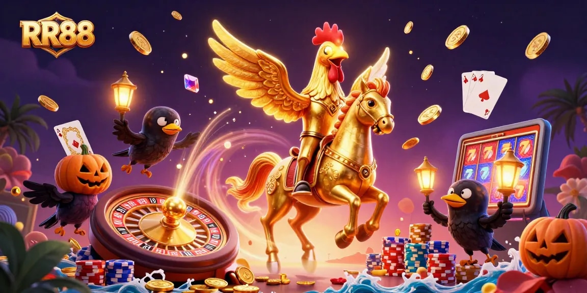 Win big at RR88 with a vibrant scene featuring a golden rooster and magical casino elements.