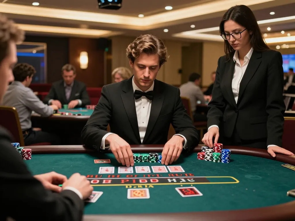 Engaging player at LLWIN blackjack table showcasing strategic gameplay in upscale casino.