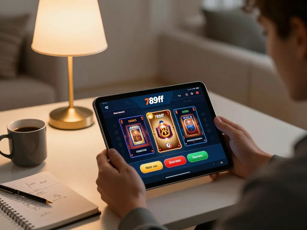 Engaging with the 789ff casino app on a tablet in a cozy home setup, promoting responsible gambling.