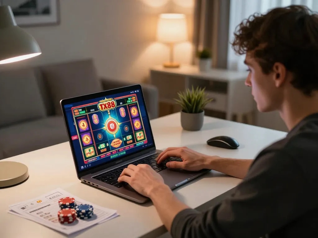 Engaging with tx88 slot machine on a laptop, showcasing an immersive online gaming experience.