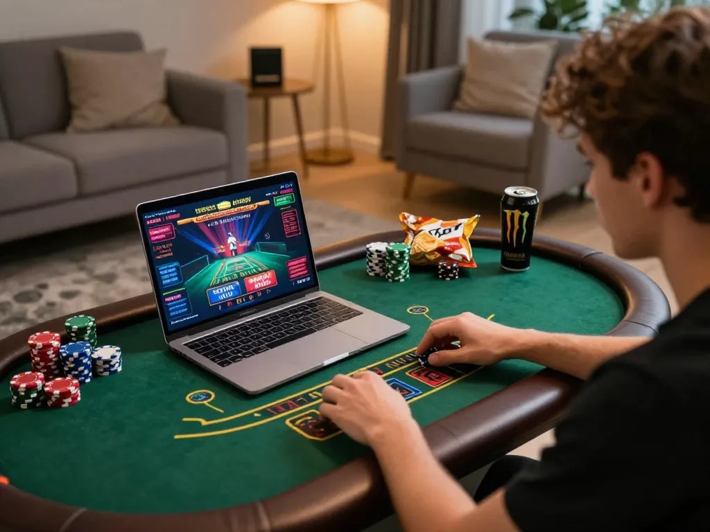 Engaging in live dealer blackjack gameplay at home, showcasing MMOO's online experience.