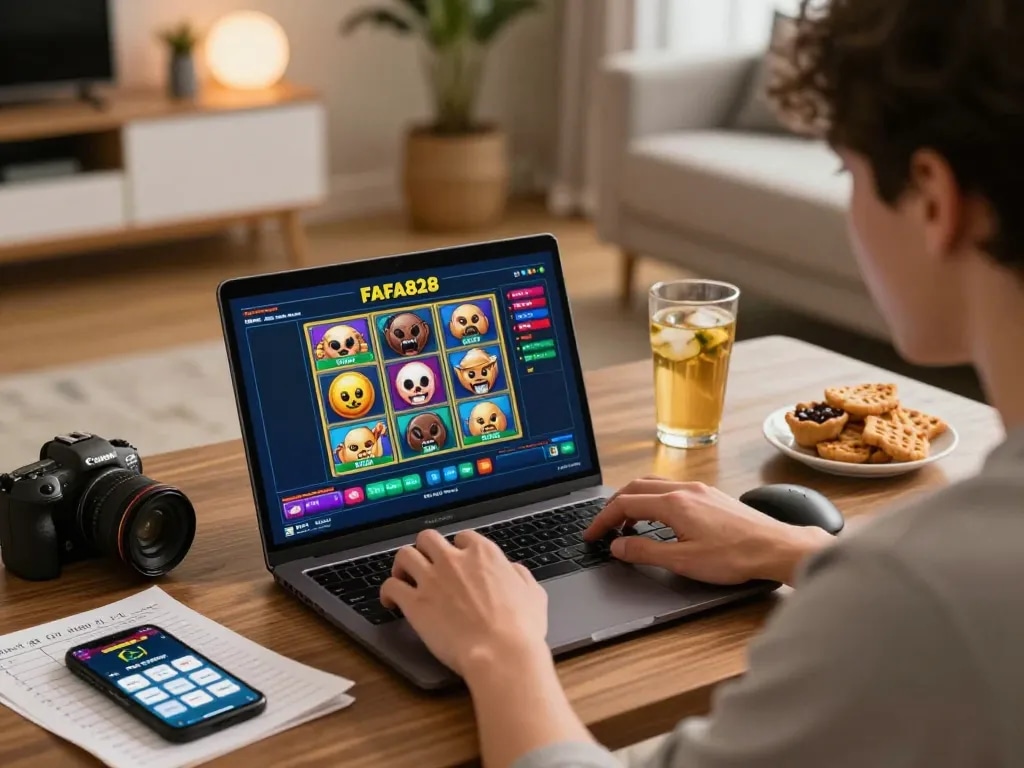 Engaging in FAFA828 online slot gameplay with strategic notes and relaxing drinks.
