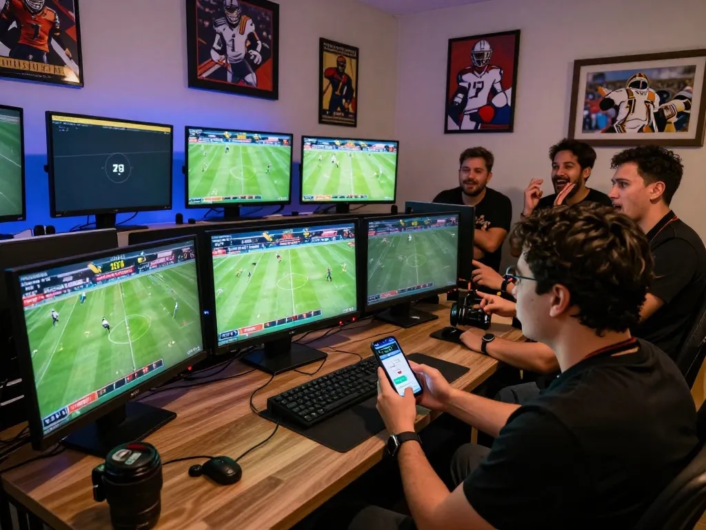 Tỷ lệ kèo nhà cái showcased as a bettor actively engages with a smartphone app amidst the thrill of live sports.