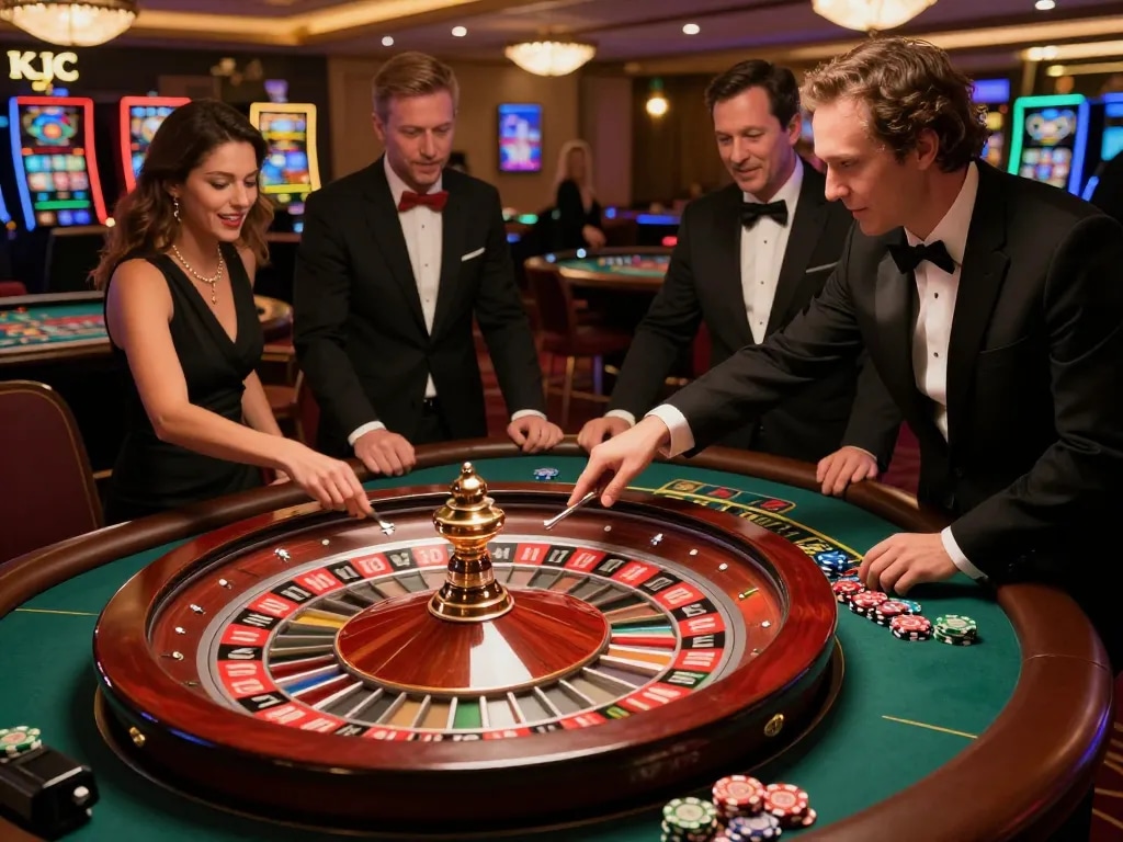 Players engaging at a KJC roulette table, enhancing the thrill of casino gaming with live action