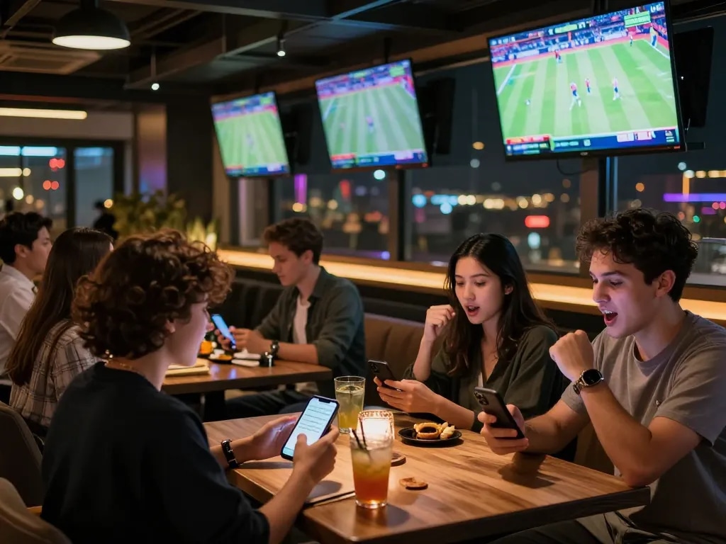 Excited patrons engaging in sports betting at a stylish bar while enjoying the game at vua88com.