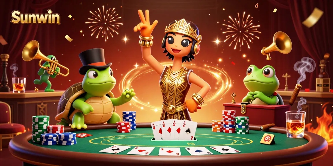 Experience thrilling gameplay at Sunwin with vibrant 3D characters amidst a lively casino scene.