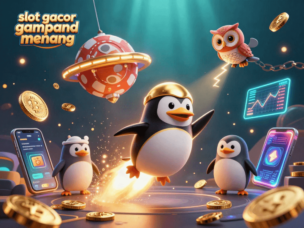 Experience slot gacor gampang menang with a vivid 3D illustration of a penguin in space, casino themes.
