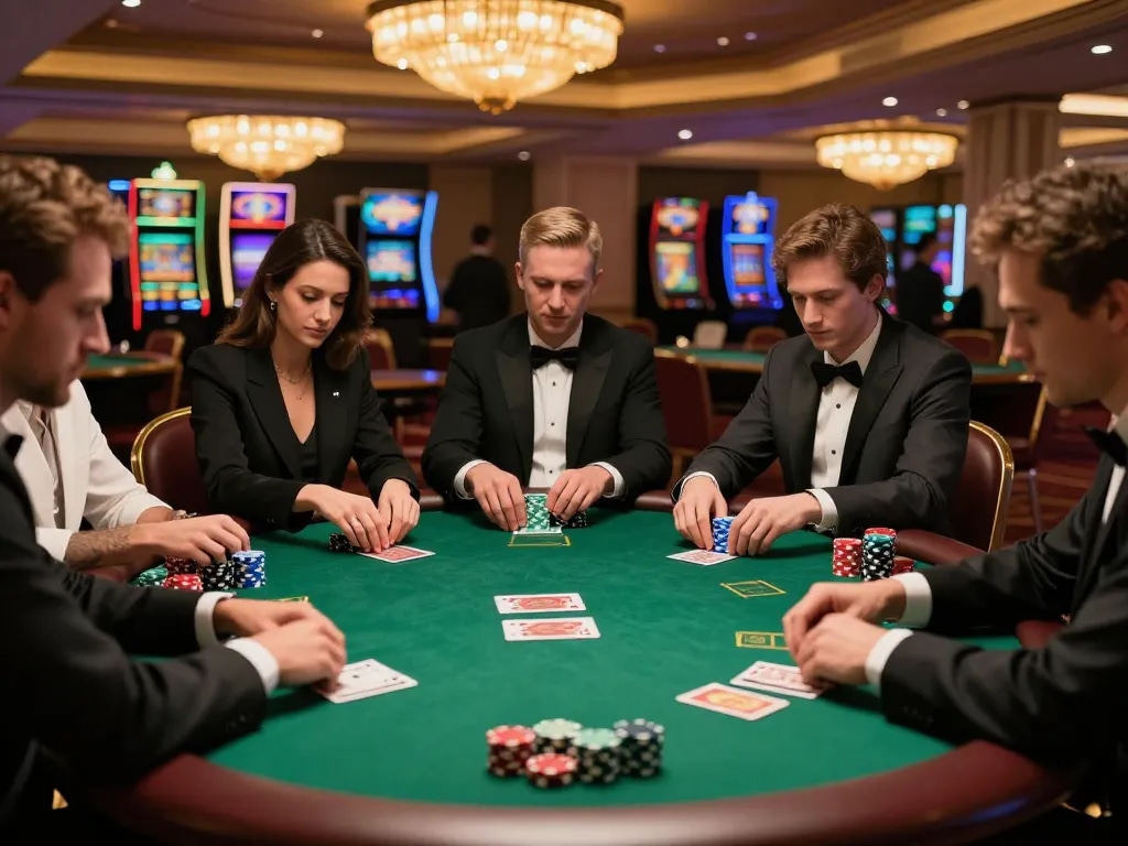 F168 poker game in upscale casino with players analyzing cards and vibrant chips.