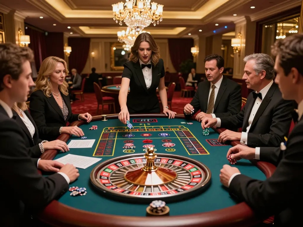 Players placing bets at an exciting roulette table, captivated by the game at mb66 casino.