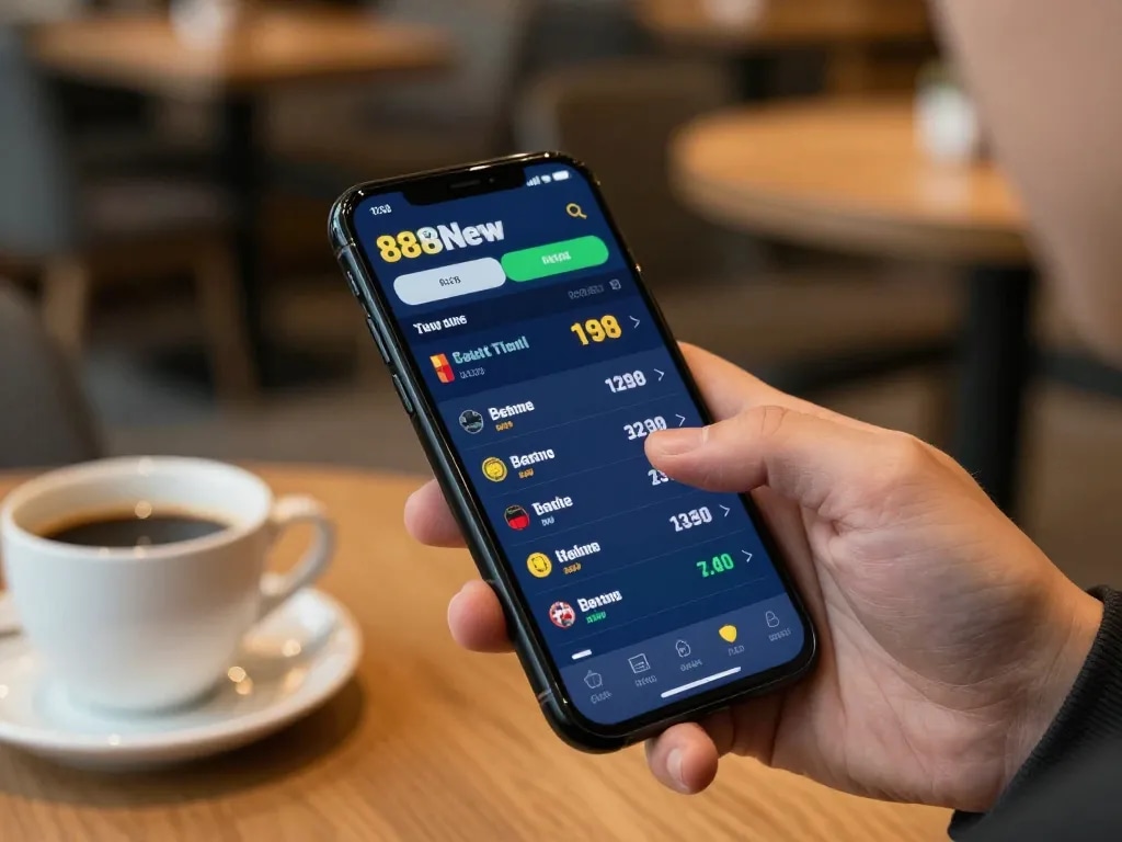 Engaging in sports betting using 888New mobile app, showcasing live odds
