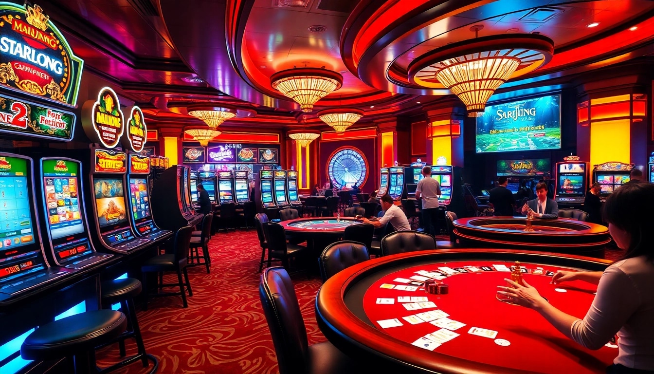 Situs Slot showcasing thrilling gaming options like Mahjong and Starlight Princess in a vibrant casino atmosphere.