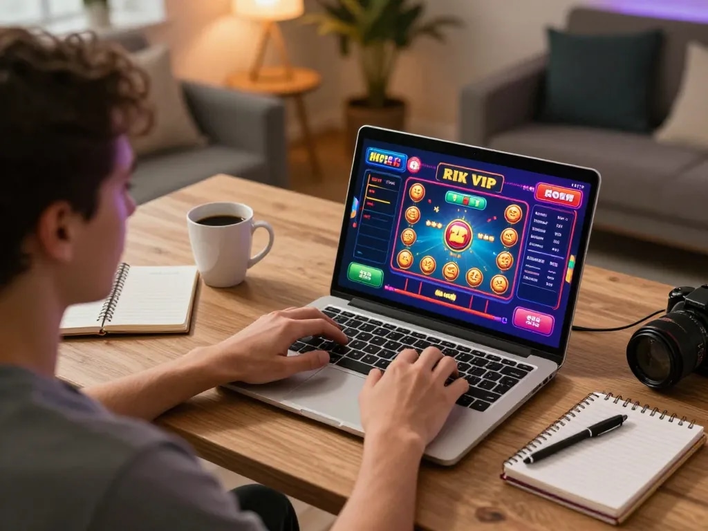Enjoying rik vip online casino gameplay on a cozy home desk setting