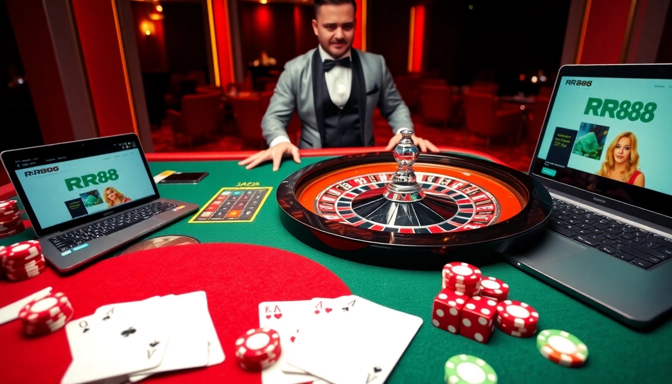 Experience the thrill of gambling at RR88 with a luxurious casino scene featuring roulette and poker.