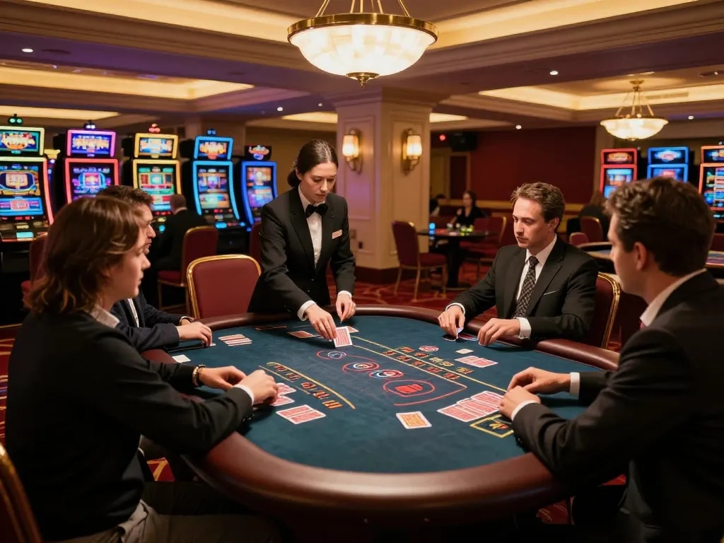 Iwin players enjoying an exciting blackjack game at a sophisticated casino table with professional dealer