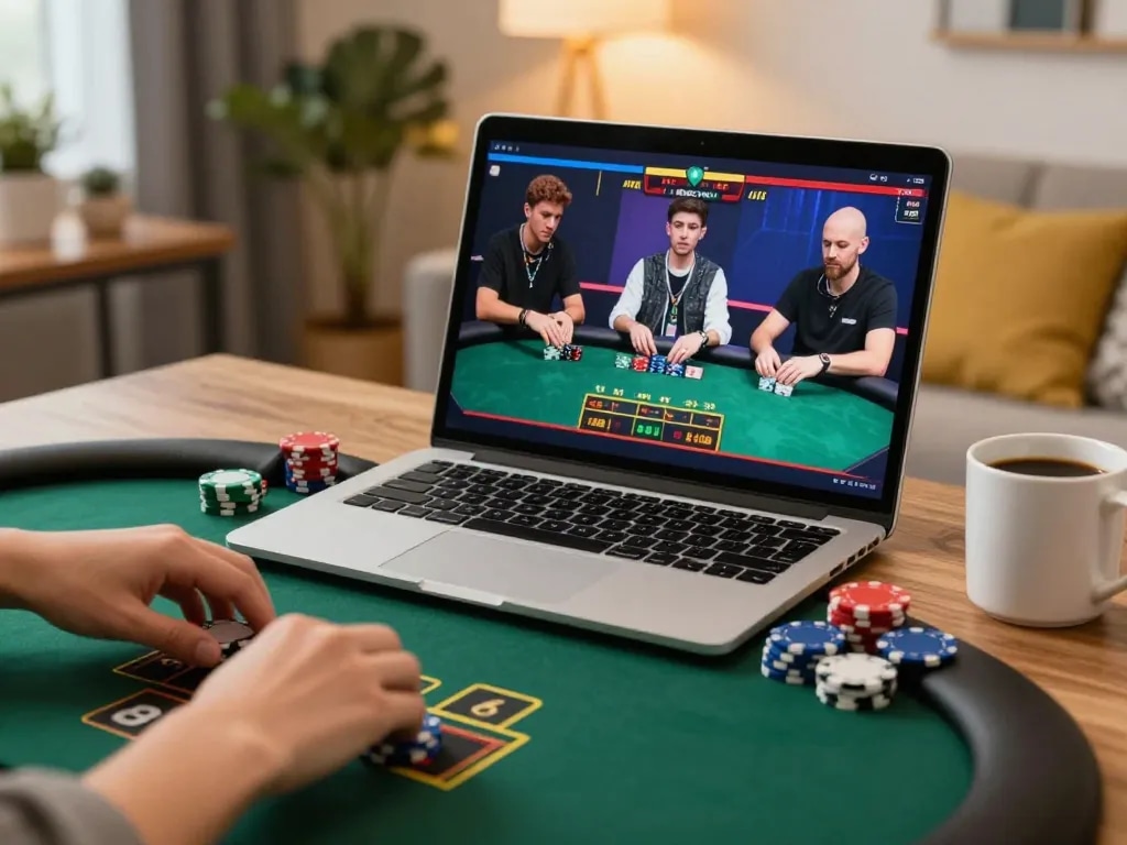 Lucks8 players engaging in strategic online poker gameplay from a cozy home setup.