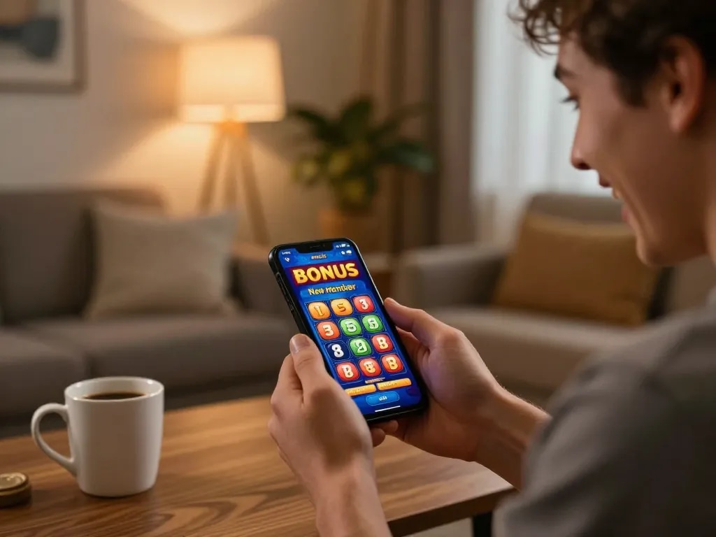 Enjoying the bonus new member offer while winning on a smartphone, celebrating an online casino win in a cozy atmosphere.