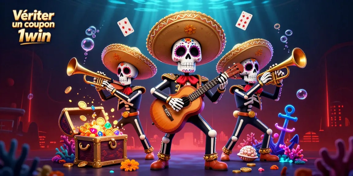 Vérifier un coupon 1win avec un band de mariachi coloré dans une scène dynamique de casino.