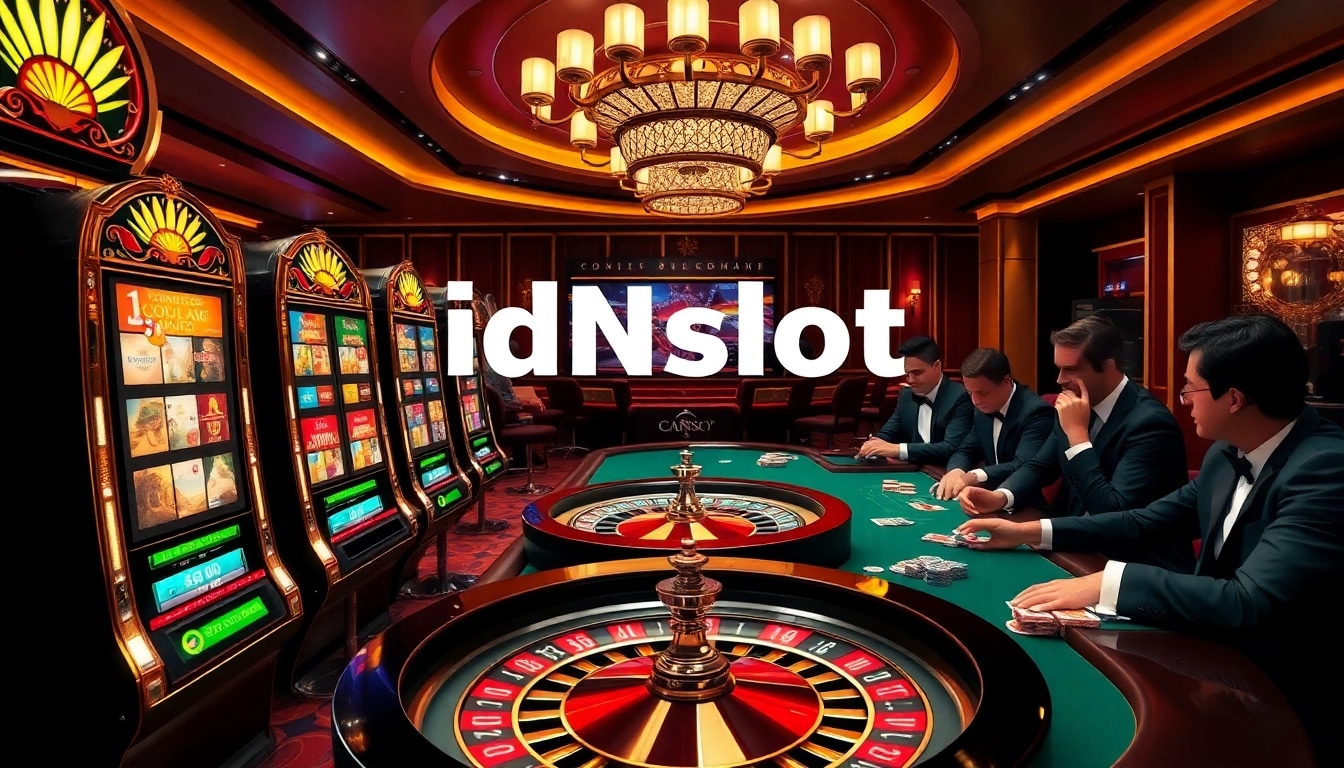 Players enjoying vibrant slot machines at an idnslot casino, showcasing excitement and richness in gambling.