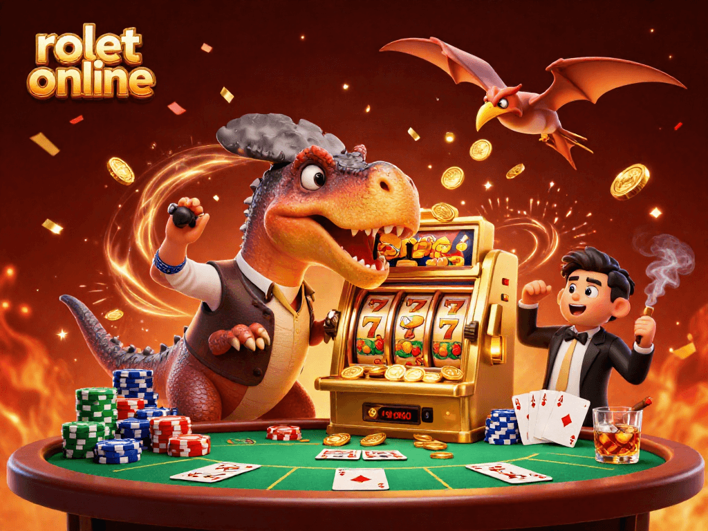 Experience thrilling rolet online action with a pachycephalosaurus, slot machine, and dynamic casino elements.