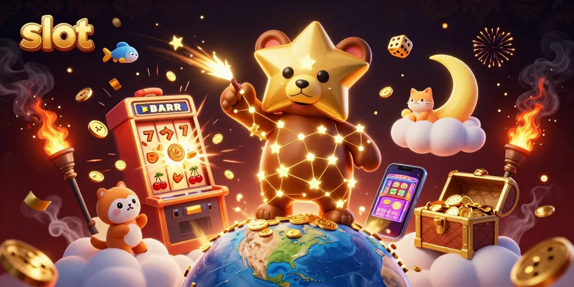 Memenangkan slot dengan jackpot dan simbol keberuntungan, merayakan dengan bintang emas