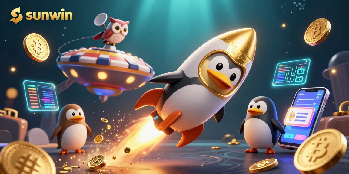 Experience the thrilling universe of sunwin with a golden penguin and crypto elements in a vibrant casino-themed 3D illustration.