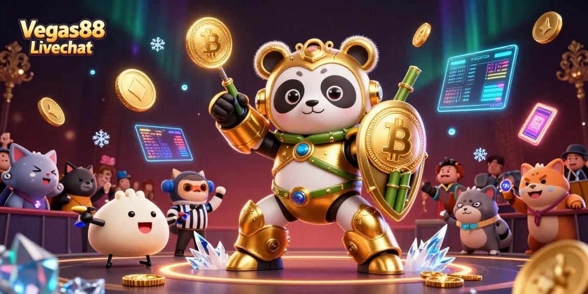 Engage with the vibrant Vegas88 Livechat scene featuring a mech-suit panda in a dynamic casino arena.