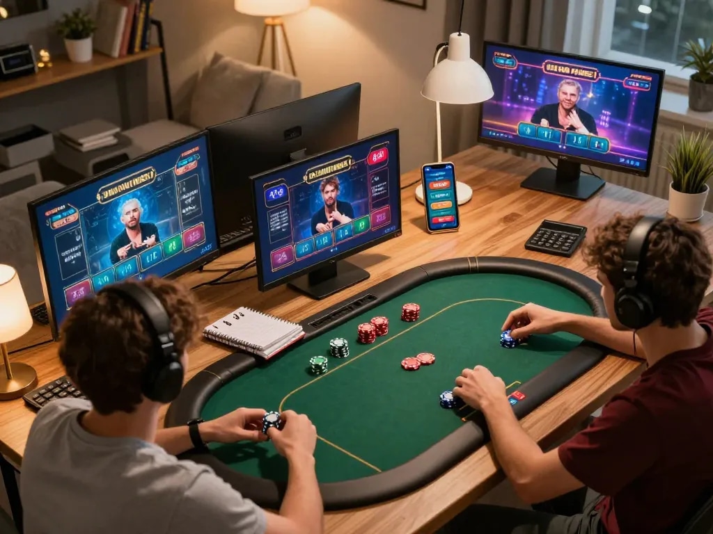 Engaging online poker session with ligalgo, showcasing players actively betting in a vibrant home gaming atmosphere.