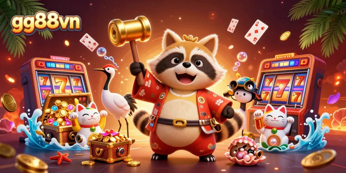 Experience winning at gg88vn with lucky tanuki, vibrant maneki-neko, and colorful casino game elements.